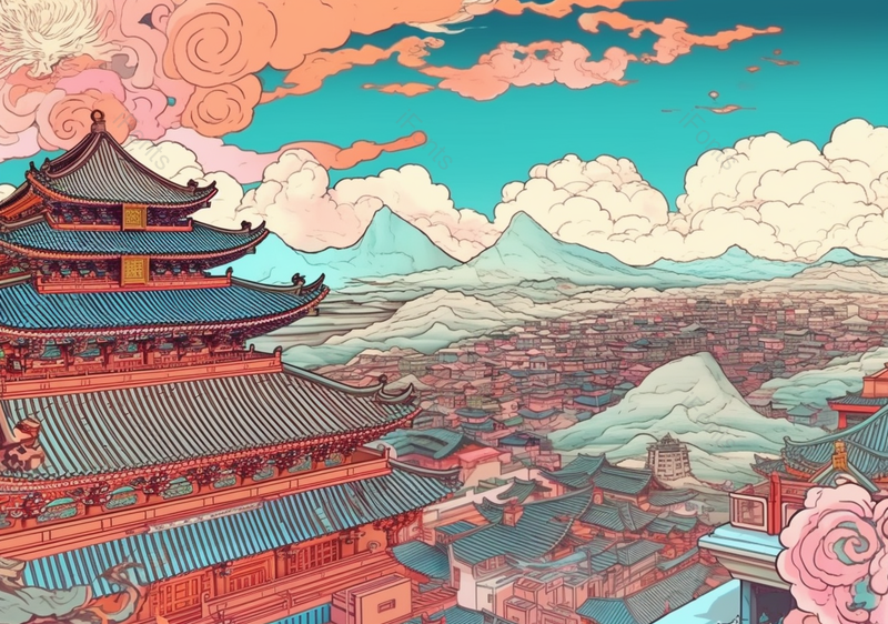 古城古建筑中国风全景背景,插画/手绘图,插画/手绘图库,插画/手绘图下载,插画/手绘